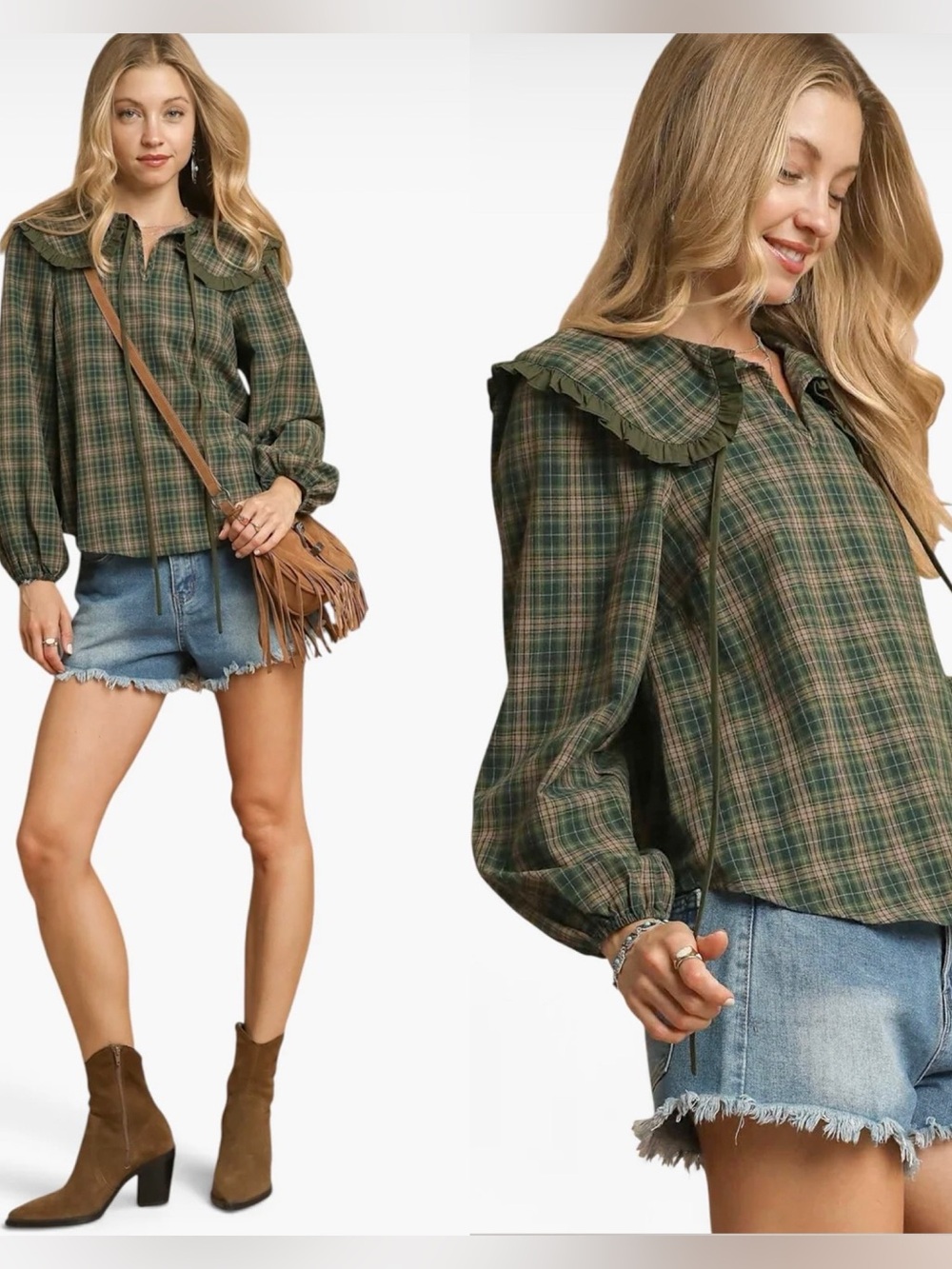 🍃🍂 Umgee Olive Plaid Ruffle Sailor Collar Top NWT🍃🍂